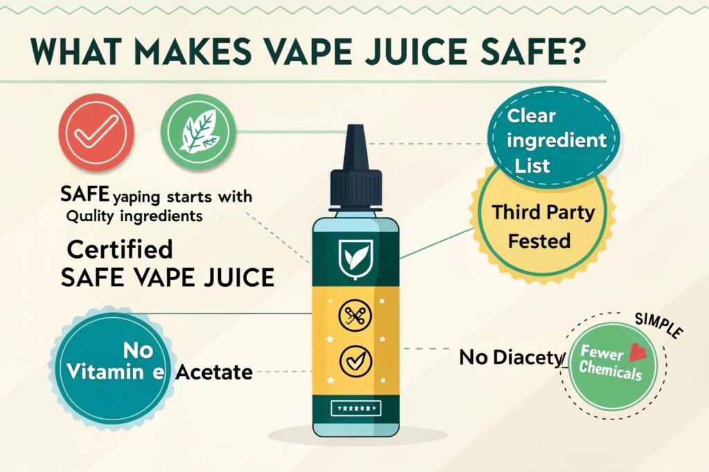 A vape juice label highlighting key safety features