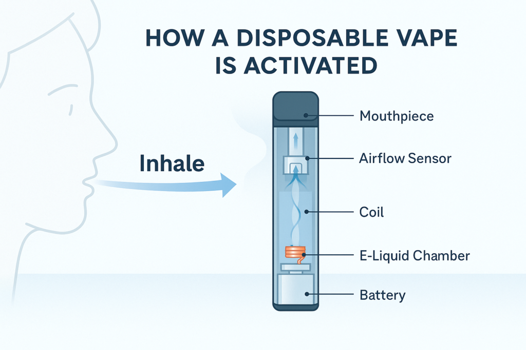 A person inhaling on a disposable vape, demonstrating the activation process