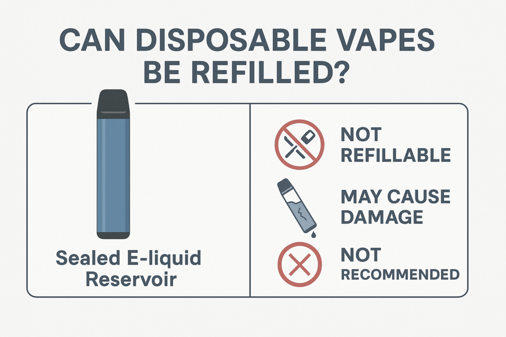 A disposable vape with a crossed-out refill symbol, emphasizing that it is not designed to be refilled