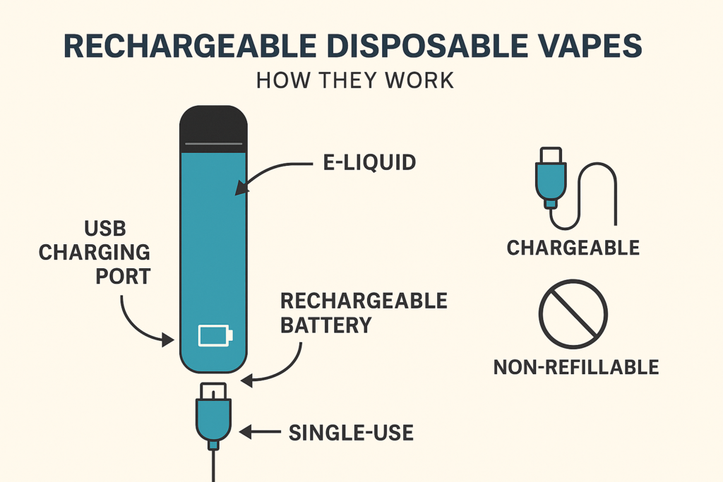 A rechargeable disposable vape with a USB charging port visible, highlighting its rechargeable feature
