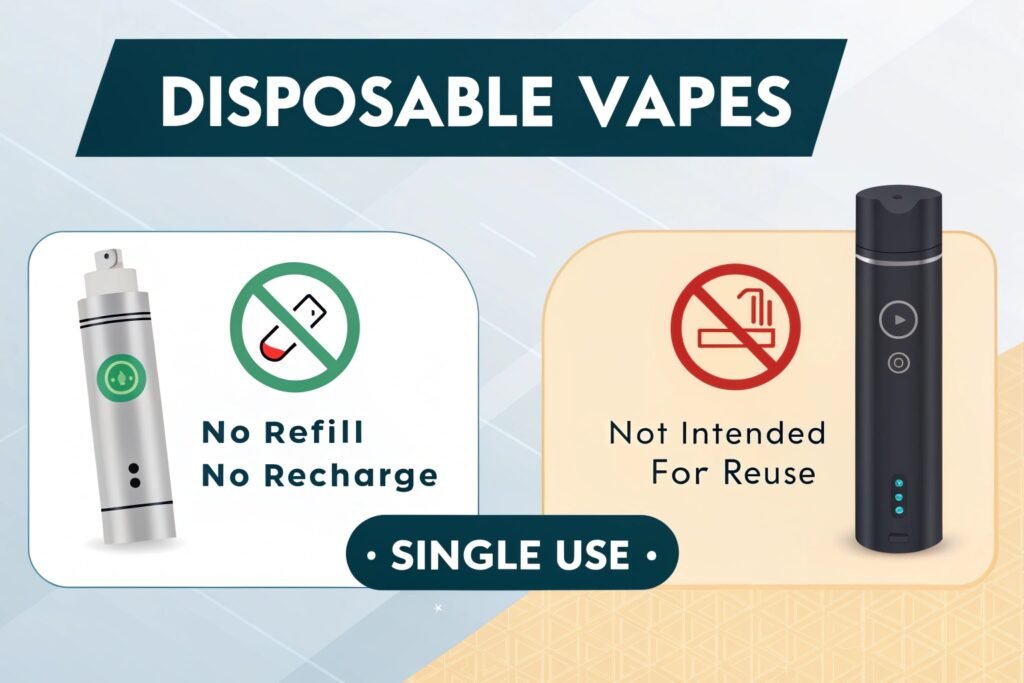 An illustration showing a disposable vape with a crossed-out recycle symbol, emphasizing its intended single-use nature