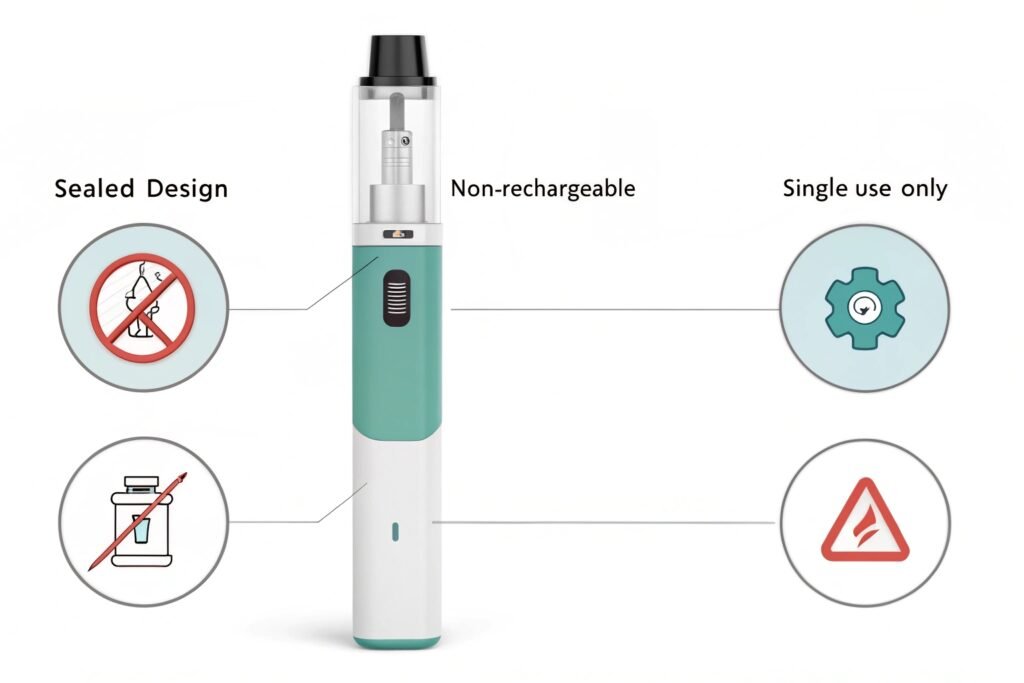 A faulty disposable vape with tools scattered around it, symbolizing the difficulty and unlikelihood of a successful repair
