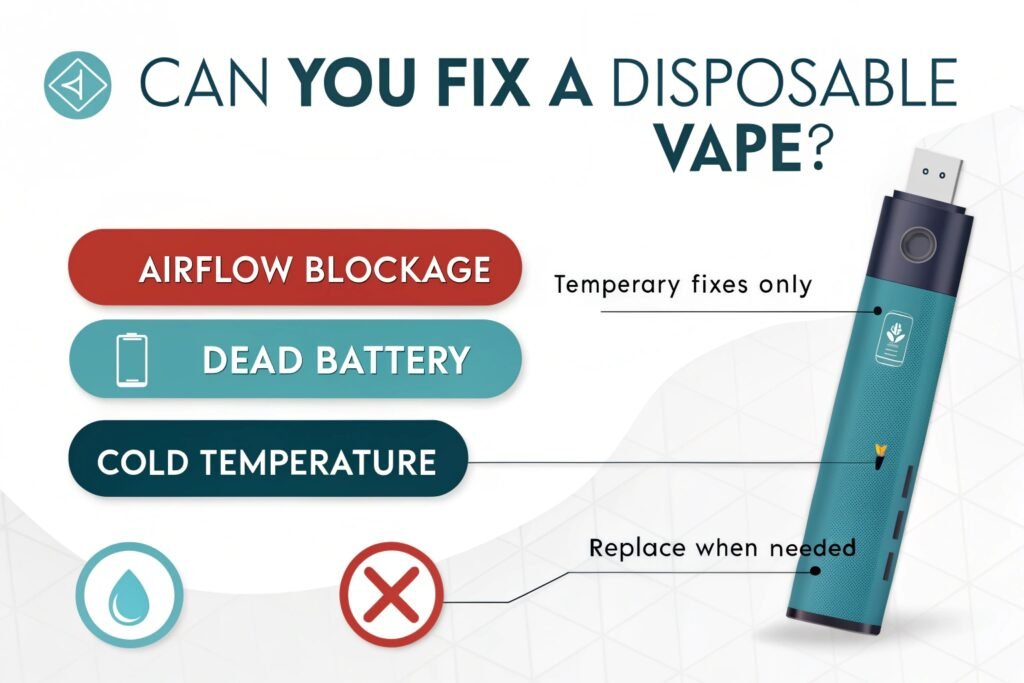A hand holding a disposable vape, with question marks surrounding it to represent the uncertainty of making it work again