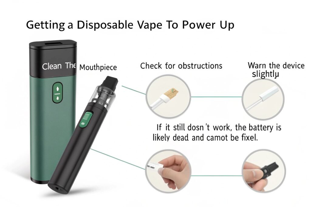 A disposable vape that is not functioning, with potential troubleshooting steps highlighted